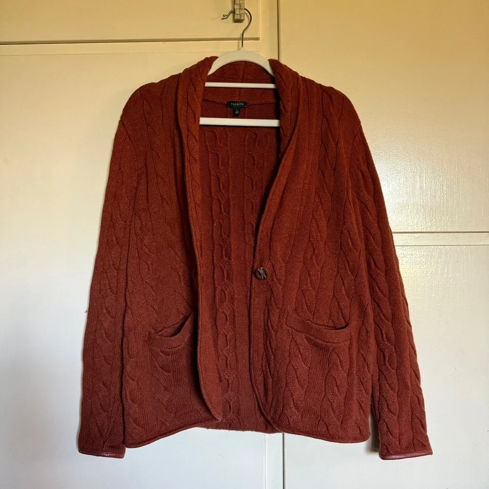 Talbots Cable Knit Cardigan with Faux Leather Trim Size Small‎